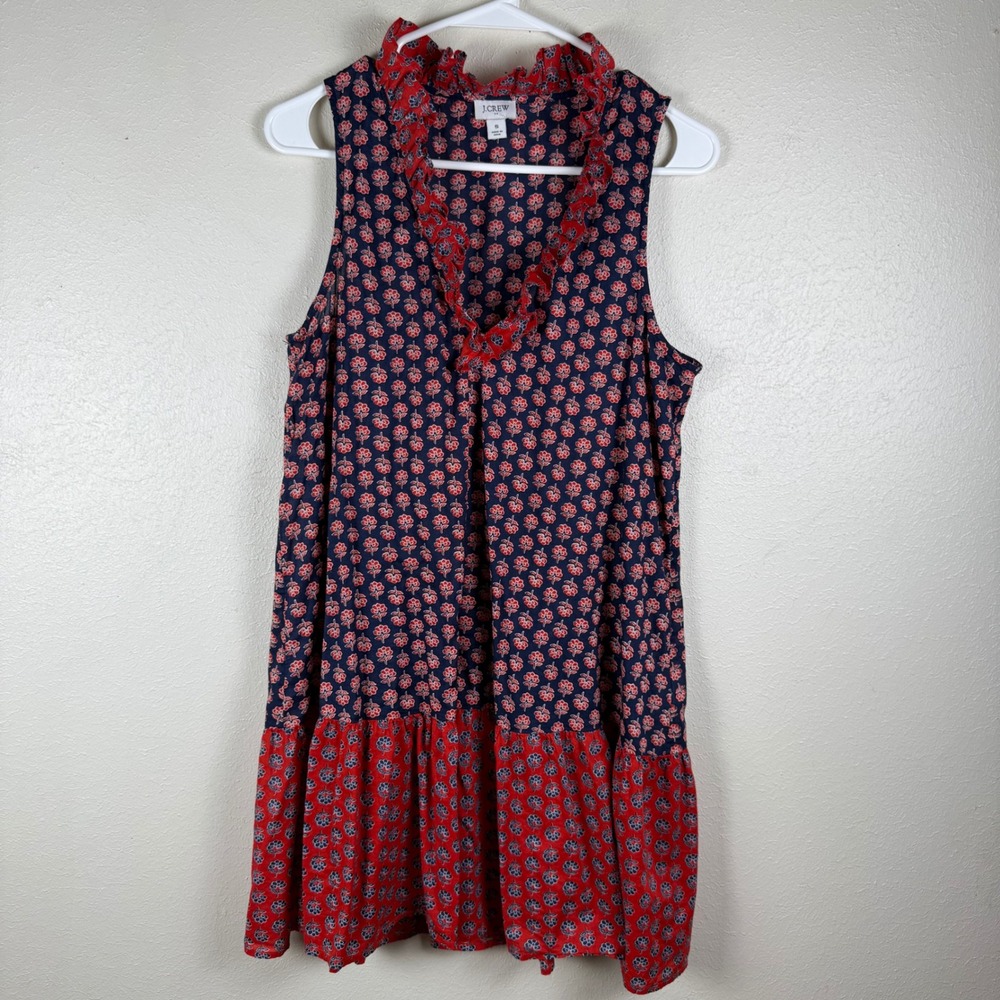 J.Crew Womens Navy Red Floral Ruffle V-Neck‎ Tiered Cotton Mini Dress S